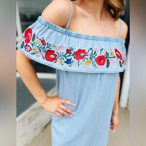 Poof New Size‎ S Tunic Top Chambray Off Shoulder Embroidered Floral Fiesta